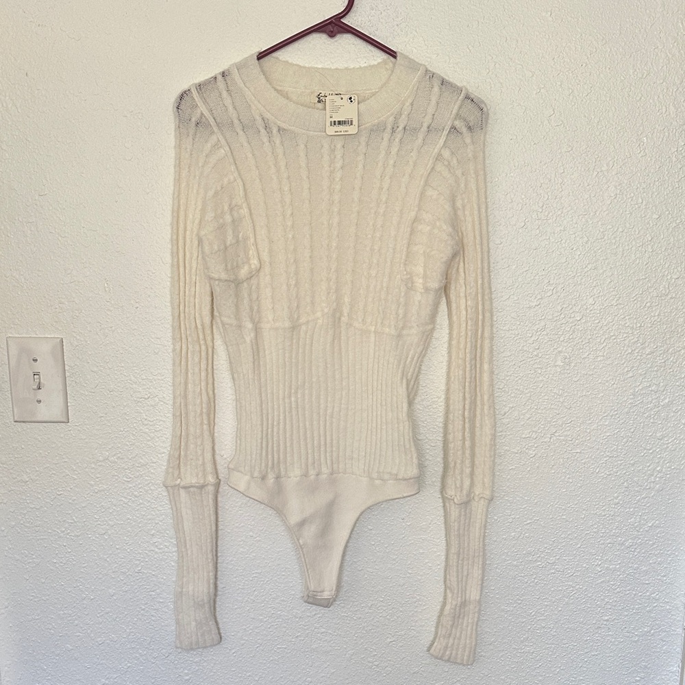Free People Cream Ribbed Bodysuit